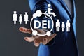 Concept of DEI - Diversity, Equality, Inclusion. Businessman showing virtual image of people, person with disability and