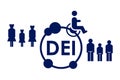 Concept of DEI - Diversity, Equality, Inclusion. Illustration of people, person with disability and abbreviation on white