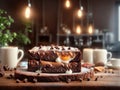 Delicious Chocolate Brownie On Top Of Wooden Table With Breakfast Or Afternoon Coffee Items. Home Made Gourmet. Con. Generative AI