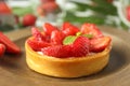 Concept of delicious food with strawberry tart, close up Royalty Free Stock Photo