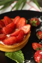 Concept of delicious food with strawberry tart, close up Royalty Free Stock Photo