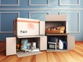 Concept of delivery of goods for home repair goods furniture and household appliances in open boxes lying on the wooden floor in