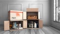 Concept of delivery of goods for home repair goods furniture and household appliances in open boxes lying on the wooden floor in