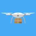 Concept for delivery service. Delivery drone with the package. Flat design colored