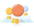 Concept for delivery service. Packages flying down from sky with balloons Royalty Free Stock Photo