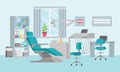 Concept of a dental unit with an adjustable chair, lamp, shelf, sink and window. Medical office in a flat style. Modern interior