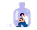 Concept with depressed character is sitting into a alcohol bottle