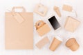 Concept design disposable brown paper pack for go food for restaurant, cafe, shop, advertising - bag, coffee cup, box for soup. Royalty Free Stock Photo