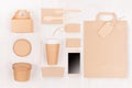Concept design disposable brown paper pack for go food for restaurant, cafe, shop, advertising - bag, coffee cup, box for soup.
