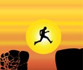 Concept design illustration art of young fit man jumping from a crumbing mountain rock to another safer rock