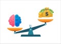 For concept design. Vector illustration of mechanism to compare value of brainwork and money on scales.Mental health