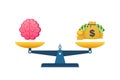 For concept design. Vector illustration of mechanism to compare value of brainwork and money on scales.Mental health