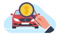 Concept of determining price of car, hand with magnifying glass and dollar sign. Customer buying automobile. Dealership