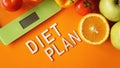 Concept diet. Healthy food, kitchen weight scale. Vegetables and fruits Royalty Free Stock Photo