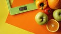 Concept diet. Healthy food, kitchen weight scale. Vegetables and fruits Royalty Free Stock Photo