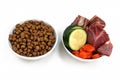 Concept for different dog feeding methods with bowl with dry food kibbles and bowl with chunk of raw meat and vegetables Royalty Free Stock Photo