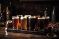 Different types of beer on the bar bar of the pub, beer assortment, cold different glasses of beer on the wooden table. Generative