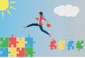 Woman jumping from bad puzzle pieces to more stability.Vector illustration Royalty Free Stock Photo