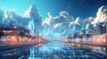 Concept of a digital city with cloud connections. Futuristic network in the clouds. Royalty Free Stock Photo
