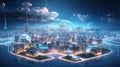 Concept of a digital city with cloud connections. Futuristic network in the clouds. Royalty Free Stock Photo