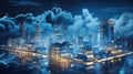 Concept of a digital city with cloud connections. Futuristic network in the clouds. Royalty Free Stock Photo