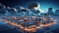 Concept of a digital city with cloud connections. Futuristic network in the clouds. Royalty Free Stock Photo