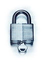 Digital security and encryption concept: binary code overlaid on steel padlock and key on white background Royalty Free Stock Photo