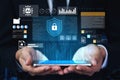 Futuristic Digital Security Concept with Advanced Technology, Human Hands Holding Tablet and Shield Symbol Representing Royalty Free Stock Photo