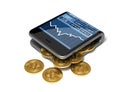 Concept Of Digital Wallet And Bitcoins. Gold Bitcoins Spill Out Of The Curved Smartphone.