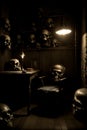 A Dimly Lit Room With Skulls On The Wall. Generative AI