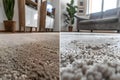 Transformation of Dirty Carpet Before and After Professional Cleaning Services. Concept Dirty