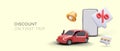 Concept of discount for first trip. Giant smartphone, car, bell, percent sign, comment icon