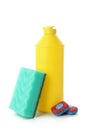 Concept of Dishwashing detergent accessories isolated on white background Royalty Free Stock Photo