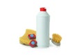 Concept of Dishwashing detergent accessories isolated on white background Royalty Free Stock Photo