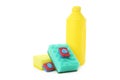 Concept of Dishwashing detergent accessories isolated on white background Royalty Free Stock Photo
