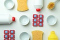 Concept of Dishwashing detergent accessories on white background Royalty Free Stock Photo