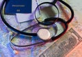 Concept doctors without borders, stethoscope, tickets, world map and passport Royalty Free Stock Photo