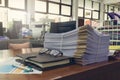 Concept of document workload, Pile of unfinished documents on office desk, Stack of business paper