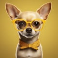 dog pet puppy wear background yellow animal chihuahua glasses portrait cute. Generative AI.