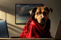 A Dog Wrapped In A Blanket Sitting In Front Of A Laptop Computer. Generative AI Royalty Free Stock Photo