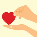 Concept of Donate Organ, heart in a hand symbol, heart icon in red color Royalty Free Stock Photo