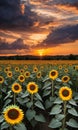 Dramatic Sky At Sunset Over A Sunflower Field. Generative AI Royalty Free Stock Photo