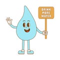 Concept drink more water. Cartoon cute drop water character in retro style. Zero waste