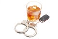 Concept for drinking and driving. Whiskey with car keys and handcuffs. Royalty Free Stock Photo