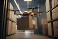 Concept drone artificial Intelligence,autonomous Robot in warehouse logistic with cardboard box, Generative AI