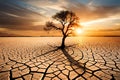 Drought And Climate Change, Landscape Of Dry Cracked Earth And Dead Tree At Sunset Metaphor Global Warming, Water C. Generative AI Royalty Free Stock Photo