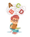 Concept of dyslexia, young boy has learning difficulties. Little child try to read, flying messed letters above