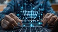 Concept of e-commerce with digital shopping cart overlay on keyboard.