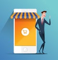 Concept of e-commerce online shopping - business man holding mobile phone and shopping online. business flat vector. Royalty Free Stock Photo