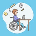 Concept Of E learning And Self And Remote Education. Handicapped Man In Wheelchair Educating Online. Male Character Has